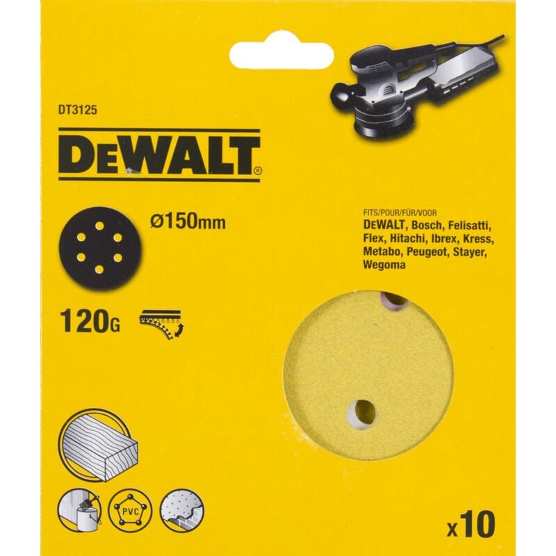 foto del prodotto dt3125 qz disco abrasivo levigatrice 150mm grana 120 confezione da 10 fogli 6 fori dewalt