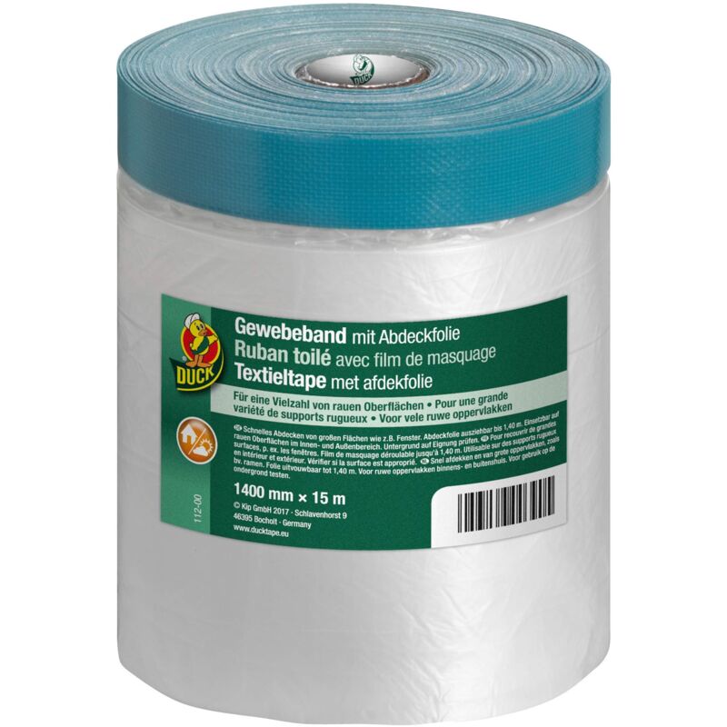 foto del prodotto duck 112 00 pellicola di mascheratura con nastro rinforzato per interni ed esterni, per pittura e verniciatura, 1400 mm x 15 m