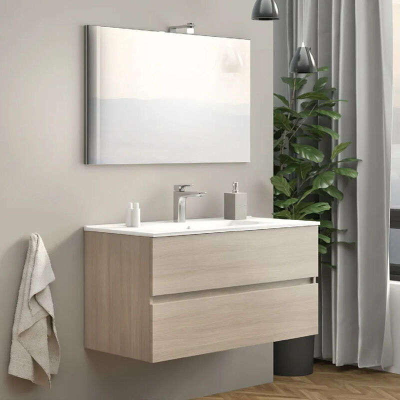 foto del prodotto due mobile sospeso in composizione a 2 cassetti colore rovere fumo da 100 cm compreso lavabo lampada specchiera savini