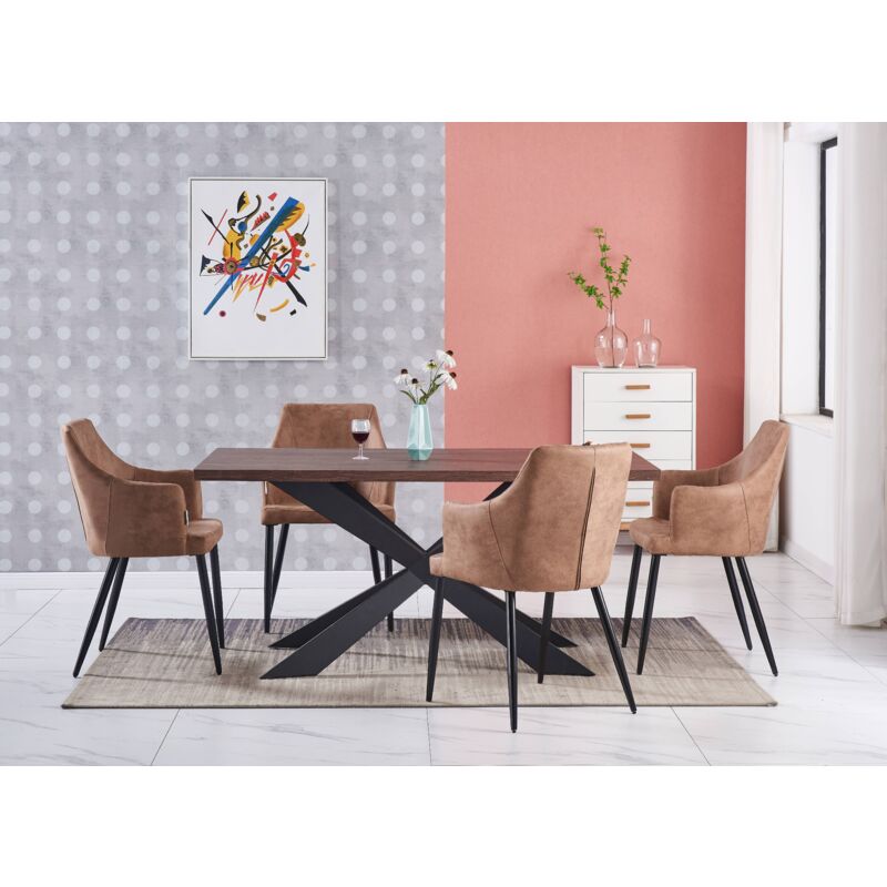 foto del prodotto duke lux zarah dining set un tavolo da pranzo in legno di noce e un set di 4 sedie da pranzo in pelle beige sala da pranzo cucina