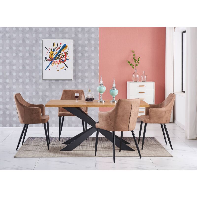 foto del prodotto duke lux zarah dining set un tavolo da pranzo in legno di quercia e un set di 4 sedie da pranzo in pelle beige sala da pranzo cucina