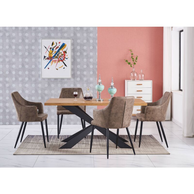 immagine 0 del prodotto duke lux zarah dining set un tavolo da pranzo in legno di quercia e un set di 4 sedie da pranzo in pelle marrone chiaro sala da pranzo cucina