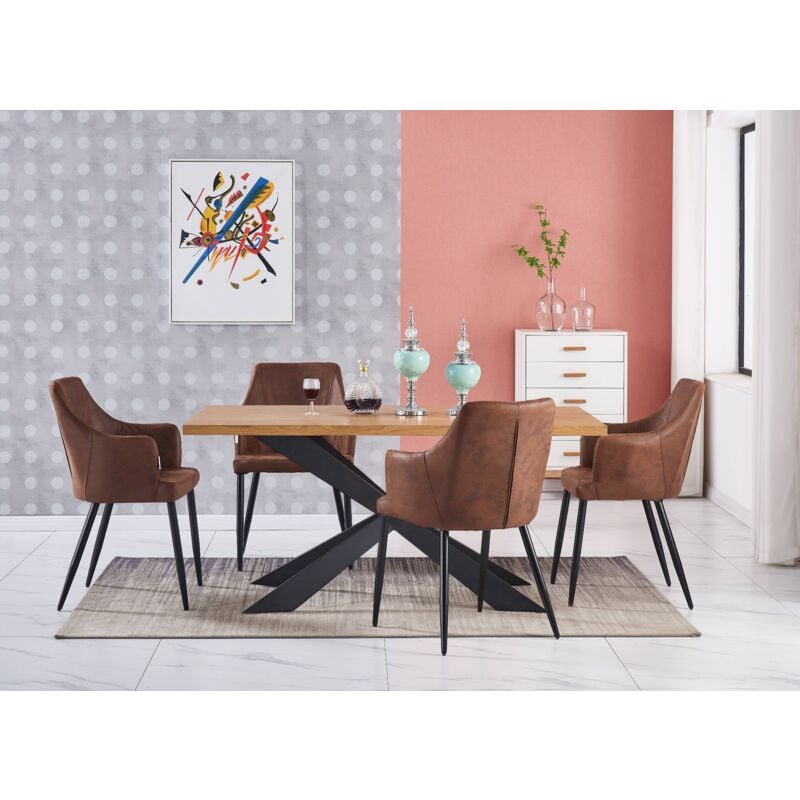 foto del prodotto duke lux zarah dining set un tavolo da pranzo in legno di quercia e un set di 4 sedie da pranzo in pelle marrone sala da pranzo cucina