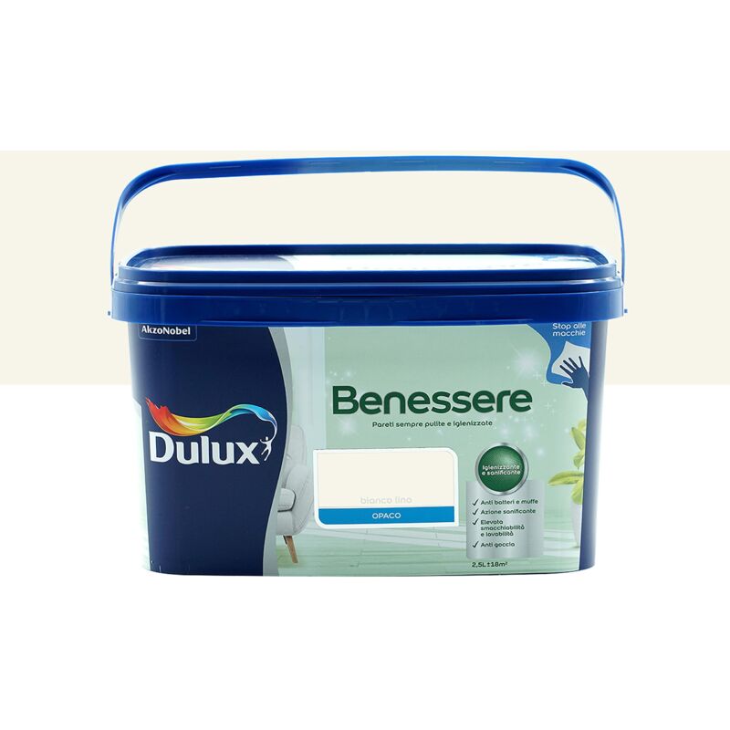foto del prodotto dulux benessere pittura colorata all acqua per interni superlavabile anti muffa anti batteri con ioni d argento, 2.5 litri, bianco lino, 2.5l
