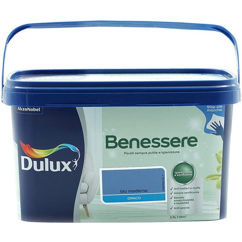 foto del prodotto dulux benessere pittura colorata all acqua per interni superlavabile anti muffa anti batteri con ioni d argento, 2.5 litri, blu moderno, 2.5l