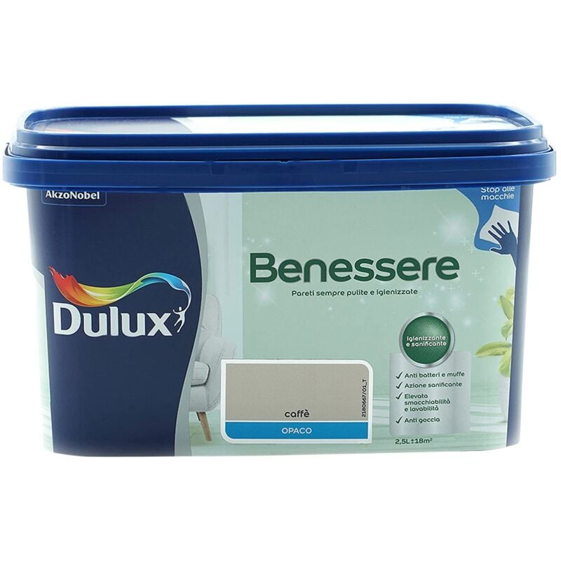 foto del prodotto dulux benessere pittura colorata all acqua per interni superlavabile anti muffa anti batteri con ioni d argento, 2.5 litri, caffe, 2.5l, caffe 