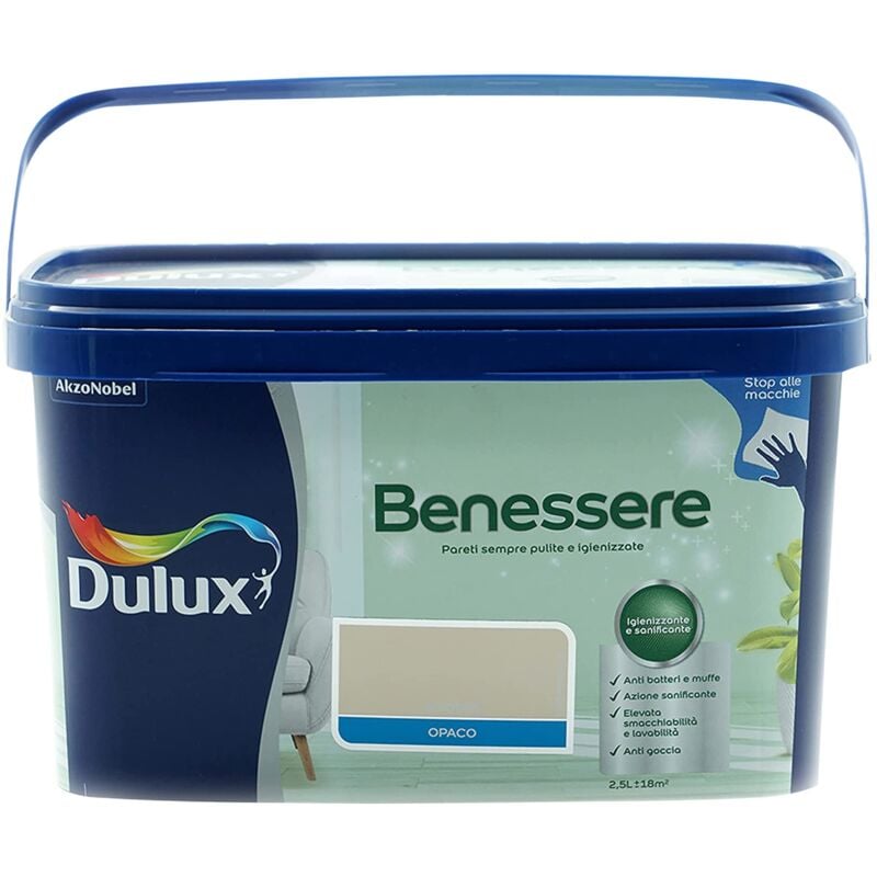 foto del prodotto dulux benessere pittura colorata all'acqua per interni superlavabile anti muffa anti batteri con ioni d'argento, 2.5 litri, giallo vaniglia, 2.5l