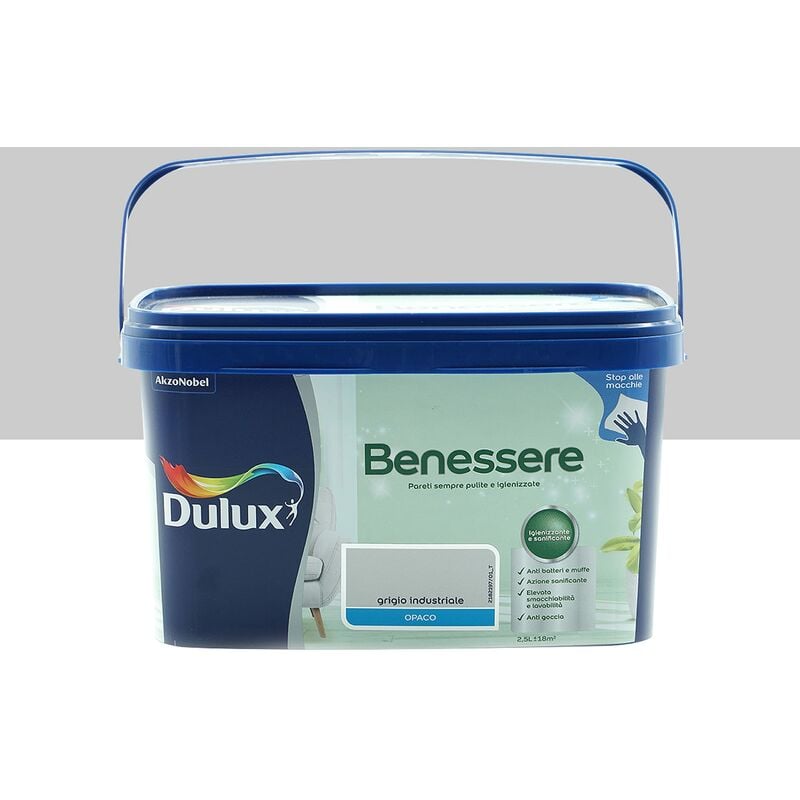 foto del prodotto dulux benessere pittura colorata all acqua per interni superlavabile anti muffa anti batteri con ioni d argento, 2.5 litri, grigio industriale, 2.5l