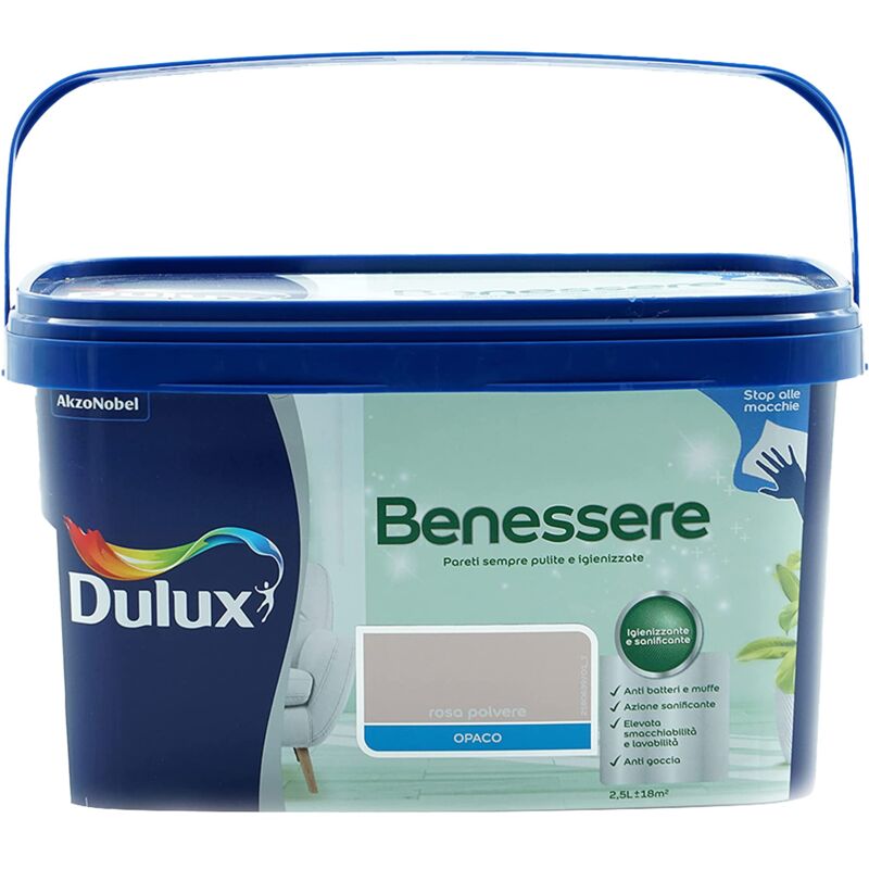 foto del prodotto dulux benessere pittura colorata all acqua per interni superlavabile anti muffa anti batteri con ioni d argento, 2.5 litri, rosa polvere, 2.5l