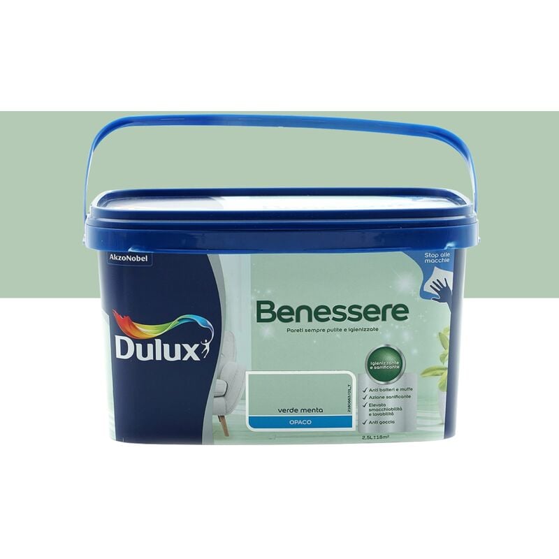 foto del prodotto dulux benessere pittura colorata all acqua per interni superlavabile anti muffa anti batteri con ioni d argento, 2.5 litri, verde menta, 2.5l