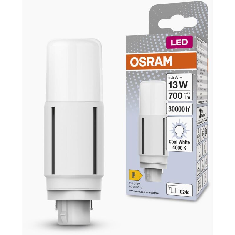 foto del prodotto dulux led d13 vt em, g24d, 5.5w, 700lm, 4000k, colore bianco freddo, adatta per applicazioni verticali grazie a un angolo del fascio di 300 gradi,