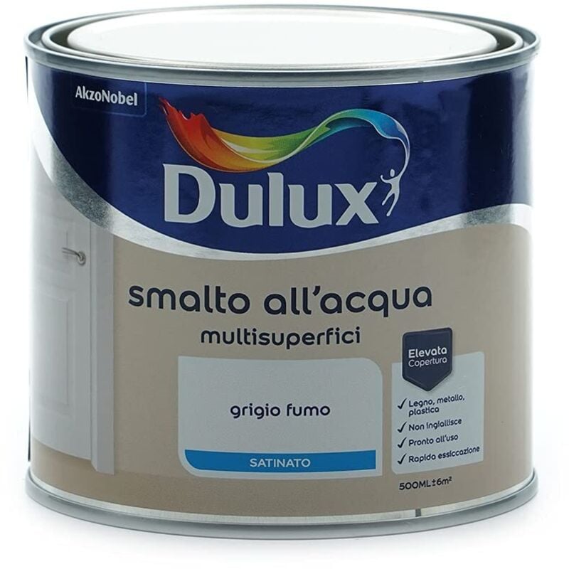 foto del prodotto dulux smalto satinato all acqua per metallo plastica e legno pronto all uso per esterni e interni, 0.5 litri, grigio fumo