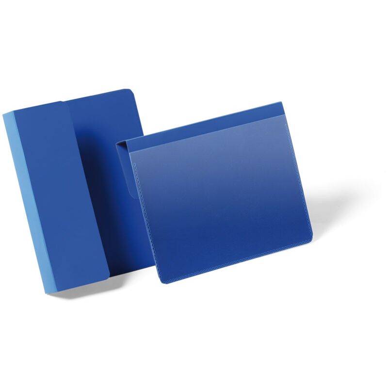 foto del prodotto durable 172107 buste con aletta pieghevole di aggancio a6 orizzontale , 168 x 216 x 0.6 mm l x h x p , confezione da 50 pezzi, blu