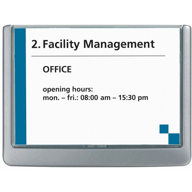 foto del prodotto durable 486137 click sign, targa fuori porta in abs, sportellino apribile con tasto, installazione con viti o biadesivo, 149x105,5 mm, grafite