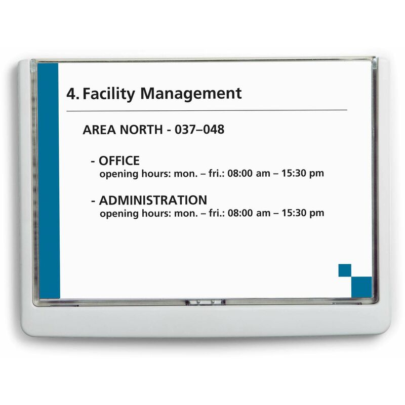 foto del prodotto durable 486602 click sign, targa fuori porta in abs, sportellino apribile con tasto, installazione con viti o biadesivo, 210x148,5 mm, bianco