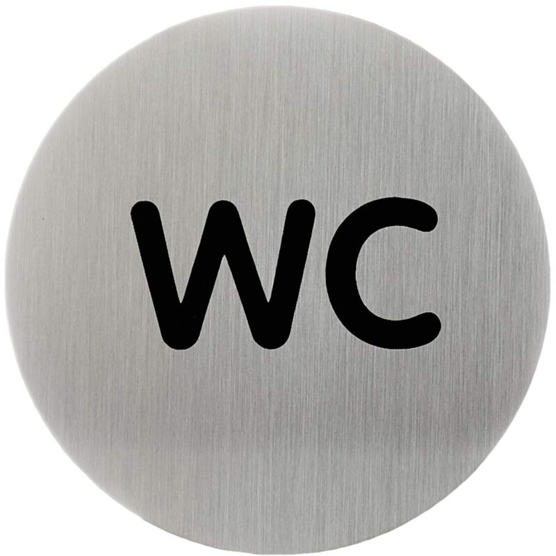 foto del prodotto durable 490623 pittogramma tondo, adesivo, con scritta serigrafatawc, acciaio inossidabile, diametro 83 mm, argento metallizzato