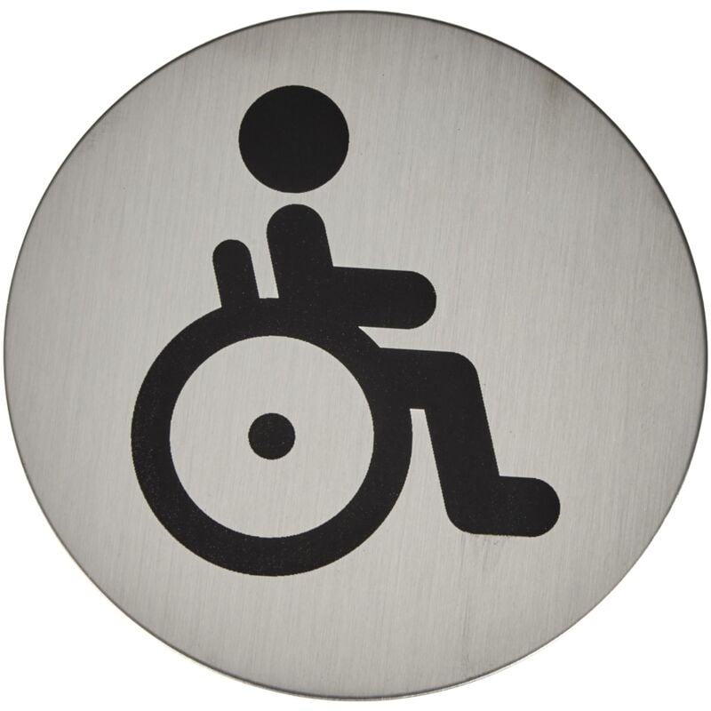 foto del prodotto durable 490623 pittogramma tondo, adesivo, con simbolo serigrafatowc disabili, acciaio inossidabile, diametro 83 mm, argento metallizzato