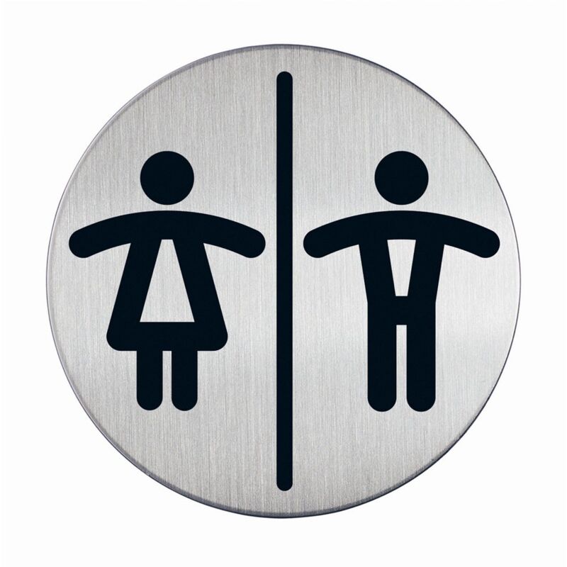 foto del prodotto durable 492023 pittogramma tondo, adesivo, con simbolo serigrafatowc donne uomini, acciaio inossidabile, diametro 83 mm, argento metallizzato