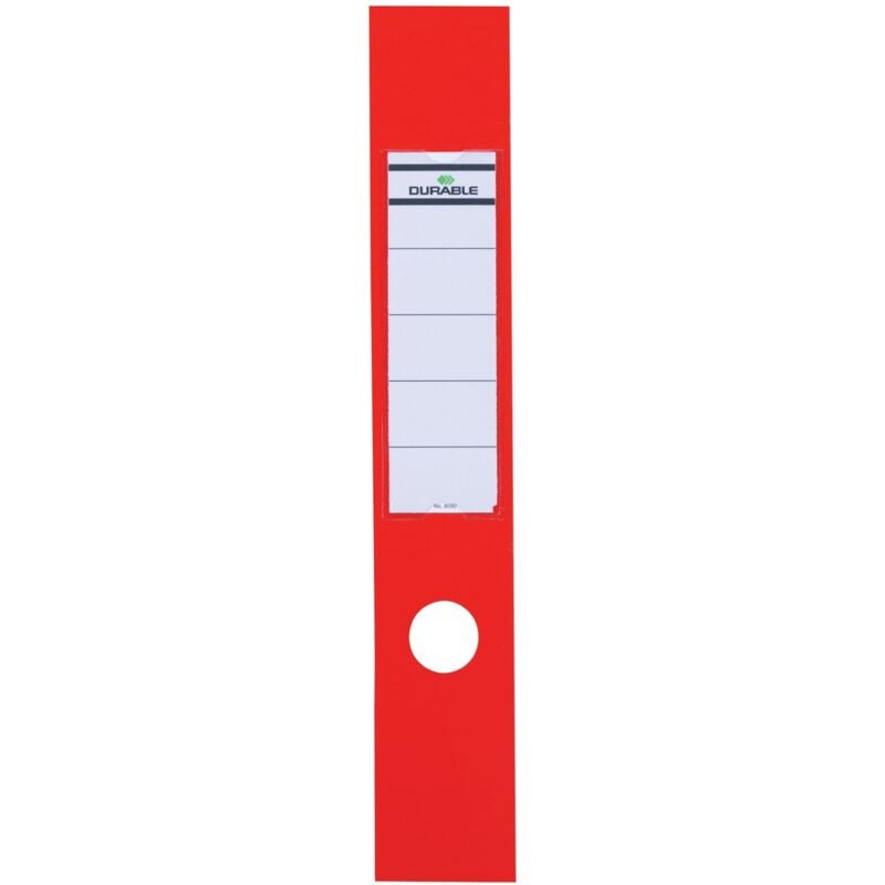 foto del prodotto durable 809003 ordofix, copridorso adesivo, personalizzabile, per raccoglitori larghi 70 mm, 60x390 mm, rosso, confezione da 10 pezzi