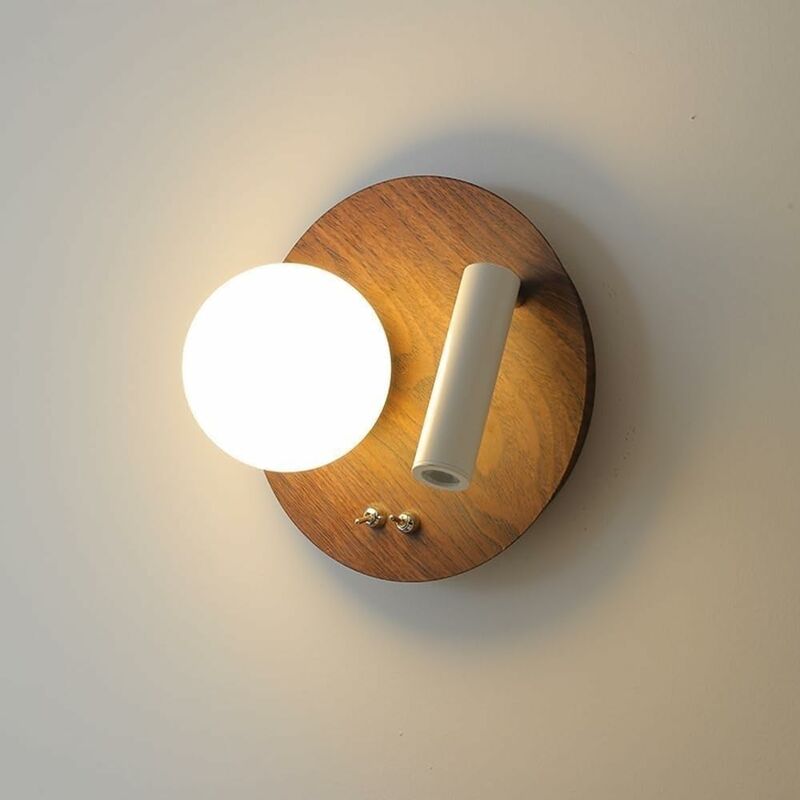 foto del prodotto durevole applique da parete in vetro a globo a 2 luci, lampada da lettura a parete, lampada da lettura sul comodino in noce con interruttore on off,