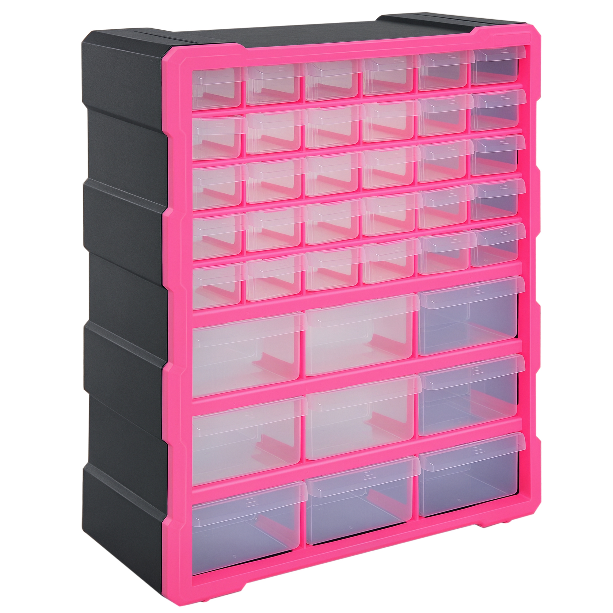 foto del prodotto durhand cassettiera in plastica portaminuterie con 39 cassetti trasparenti, montaggio a muro o a terra 38x16x47.5cm rosa