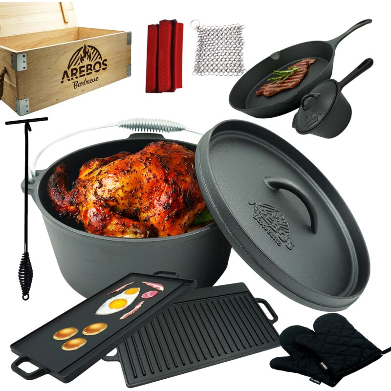 foto del prodotto dutch over bbq set in ghisa con scatola in legno e guanti protettivi incl arebos