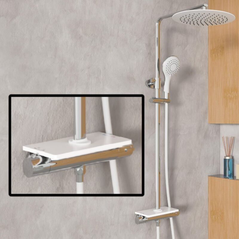 foto del prodotto dx1102cst sistema termostato e ripiano, pioggia con supporto a parete anche per fori esistenti , colonna rubinetto doccia in set, bianco eisl