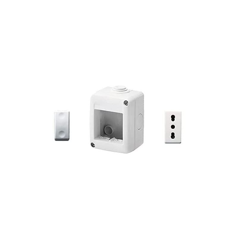 foto del prodotto dy01001 contenitore per apparecchi 27 combi protetto 2 posti grigio ral 7035 ip40 con nr. 1 presa bivalente bianca, nr. 1 deviatore bianco gewiss