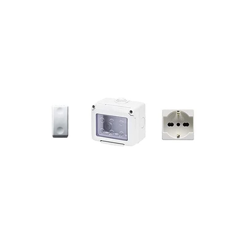 foto del prodotto dy01004 contenitore per apparecchi 27 combi protetto 3 posti grigio ral 7035 ip55 con nr. 1 presa schuko bianca, nr. 1 interruttore bianco gewiss