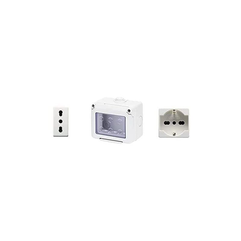 foto del prodotto dy01006 contenitore per apparecchi 27 combi protetto 3 posti grigio ral 7035 ip55 con nr. 1 presa schuko bianca, nr. 1 presa bivalente bianca gewiss