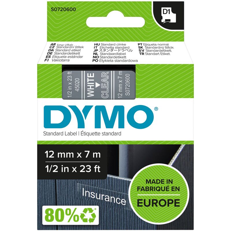 foto del prodotto dymo d1 etichette autoadesive per stampanti labelmanager, rotolo da 12 mm x 7 m, stampa bianco su trasparente, 1 pezzo s0720600