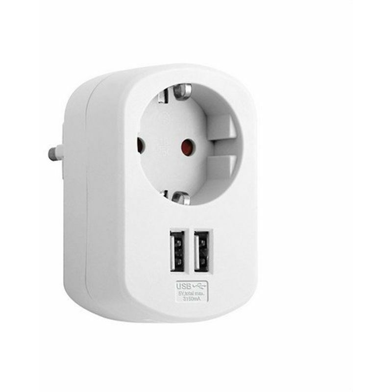 foto del prodotto e cl118154 adattatore combinato 1 spina 16a 250v 2 usb 3.15a bianche simon