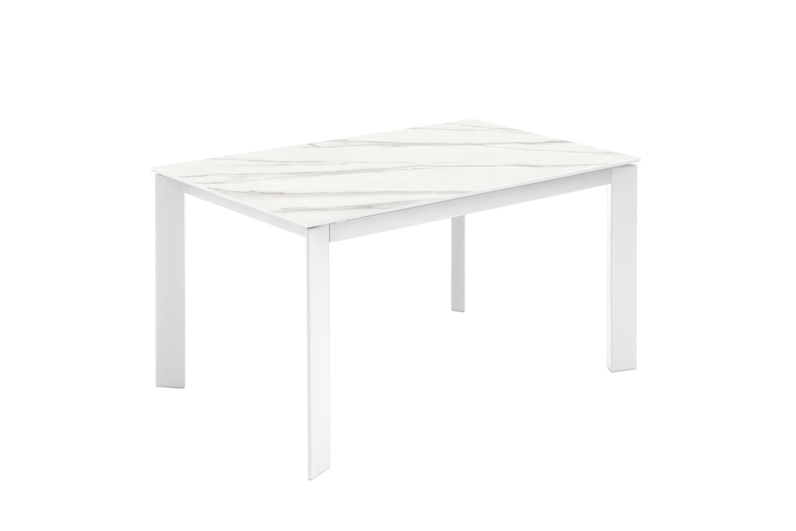 foto del prodotto e-stylo tavolo allungabile top in ceramica marmo bianco base in metallo verniciato bianco allunghe interne melaminico lacato bianco,90cm x 140 /190cm h. 76cm,top marmo bianco gambe bianco allunghe bianco