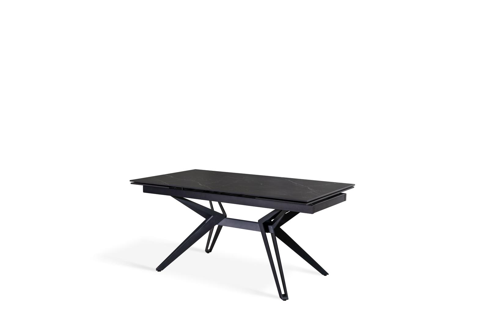 foto del prodotto e-stylo tavolo allungabile top in ceramica marmo nero quattro gambe a stella in metallo nero opaco allunghe a scomparsa in ceramica marmo nero ,90cm x 160 240 cmcm h. 76cm,top marmo nero gambe nero opaco