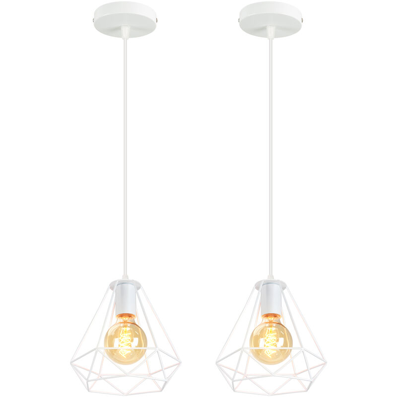 foto del prodotto e27 metallo lampada a sospensione industriale vintage lampadario gabbia diamante lampada per soggiorno cucina bianca 2 pezzi