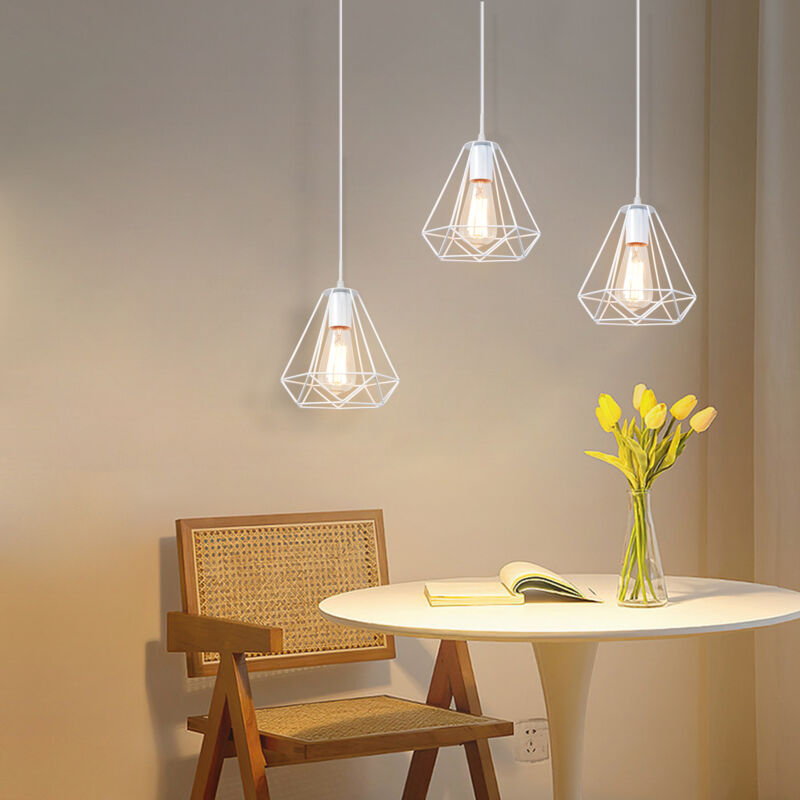 foto del prodotto e27 metallo lampada a sospensione industriale vintage lampadario gabbia diamante lampada per soggiorno cucina bianca 3 pezzi