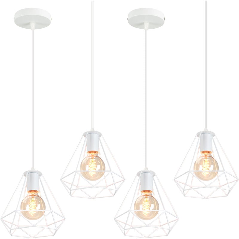 foto del prodotto e27 metallo lampada a sospensione industriale vintage lampadario gabbia diamante lampada per soggiorno cucina bianca 4 pezzi