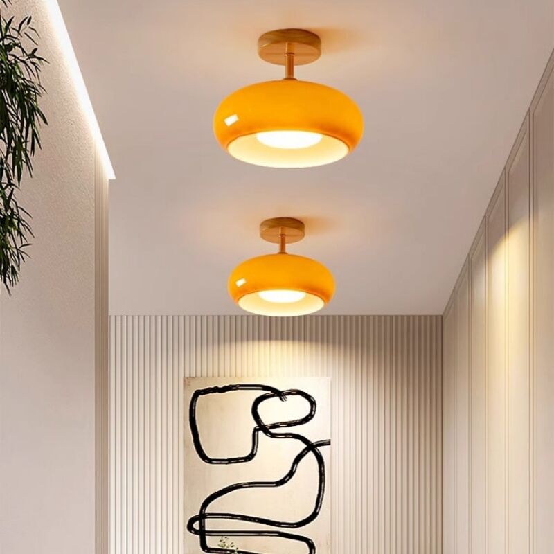 foto del prodotto e27 plafoniera vintage lampada da soffitto vetro legno luce di soffitto rotondo arancione 2pcs