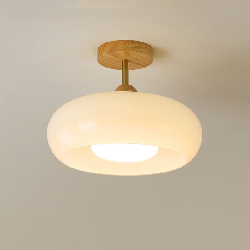 foto del prodotto e27 plafoniera vintage lampada da soffitto vetro legno luce di soffitto rotondo color crema 1pcs