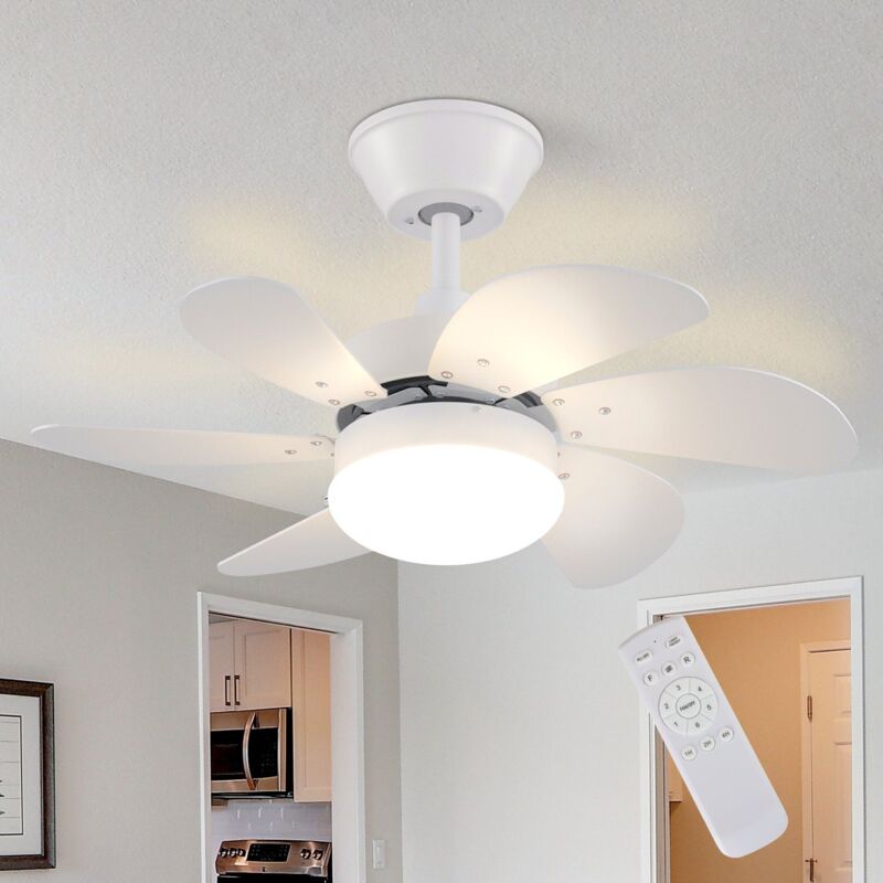 foto del prodotto e27 ventilatore da soffitto silenzioso a 6 pale reversibili, 75 65.5 42.5cm max.40w bianco, timer, per camera da letto soggiorno gbly