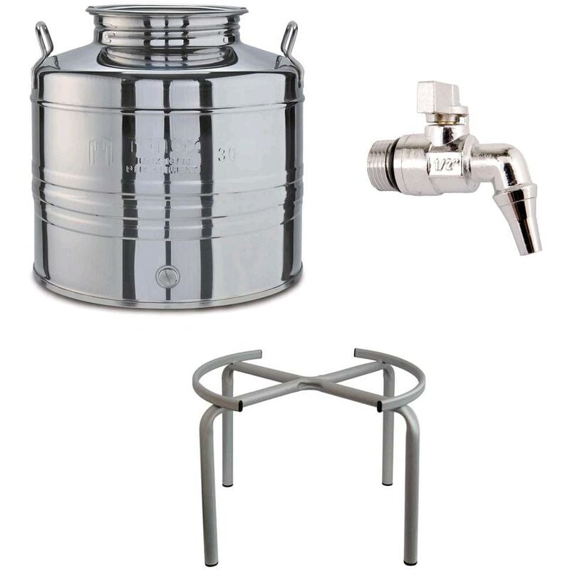 foto del prodotto eacommerce contenitore bidone fusto in acciaio inox per olio 30 litri con rubinetto e supporto portafusto