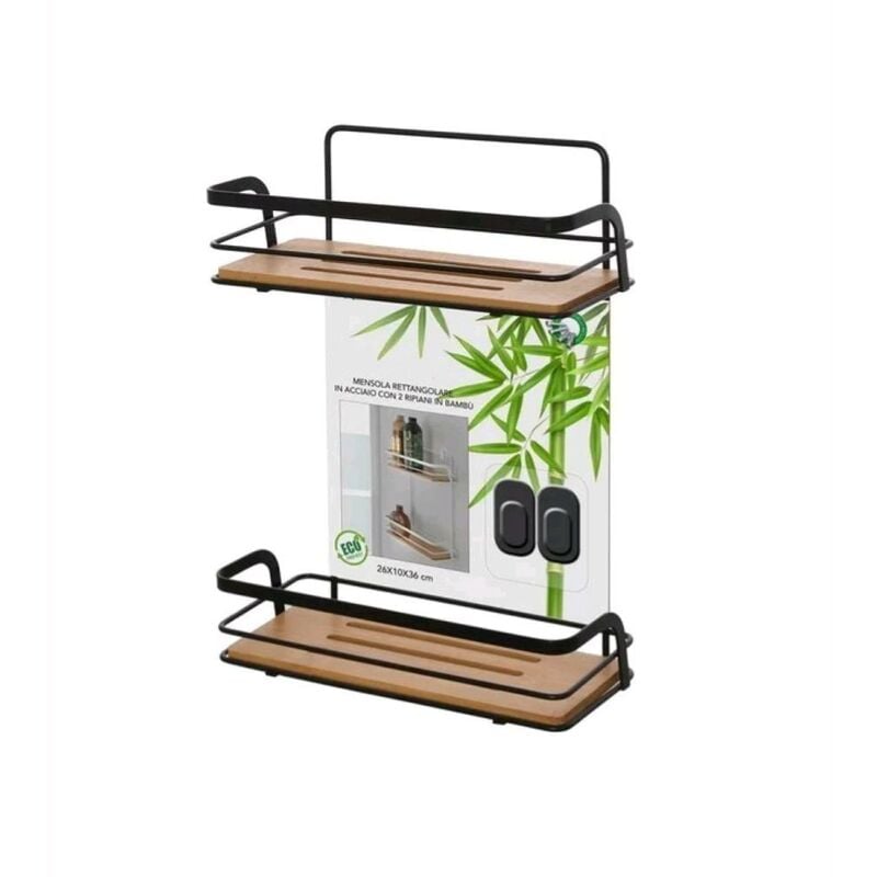 foto del prodotto eacommerce mensola rettangolare per bagno in acciaio colore nero opaco 2 ripiani bambu 26,5x10x36h cm