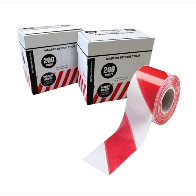 foto del prodotto eacommerce nastro segnaletico bianco e rosso in pvc 7 cm per 200 metri con dispenser conf. 2 pezzi