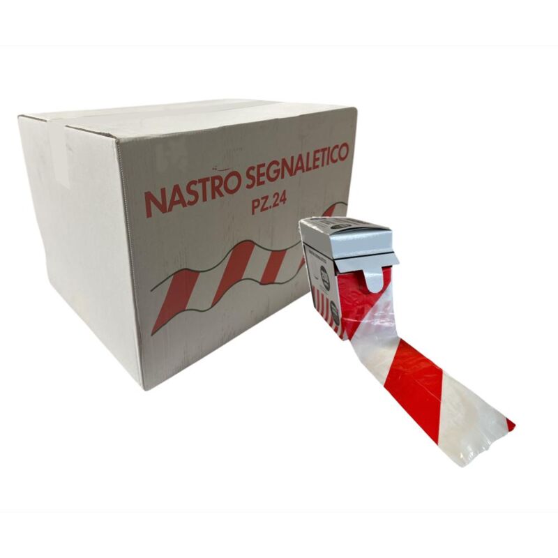 foto del prodotto eacommerce nastro segnaletico bianco e rosso in pvc 7 cm per 200 metri con dispenser conf. 24 pezzi