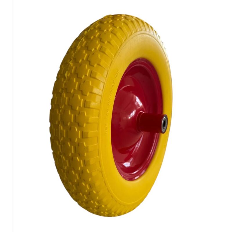foto del prodotto eacommerce ruota piena gialla antiforatura per carriola diametro 350 mm con asse 200 mm