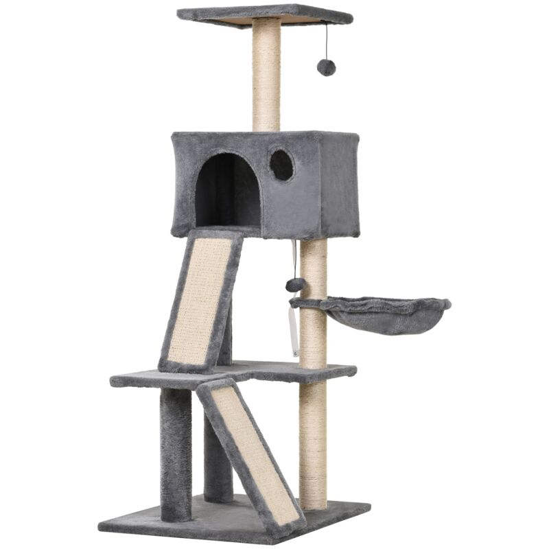 foto del prodotto easy comfort easycomfort albero tiragraffi accessoriato con cuccia lettino sospeso e 2 pedane in peluche grigio e corda sisal 60x49x130cm