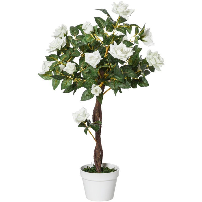 foto del prodotto easy comfort easycomfort rosa alberello pianta artificiale con 21 fiori e vaso, pianta finta da interno ed esterno alta 90cm, bianco e verde