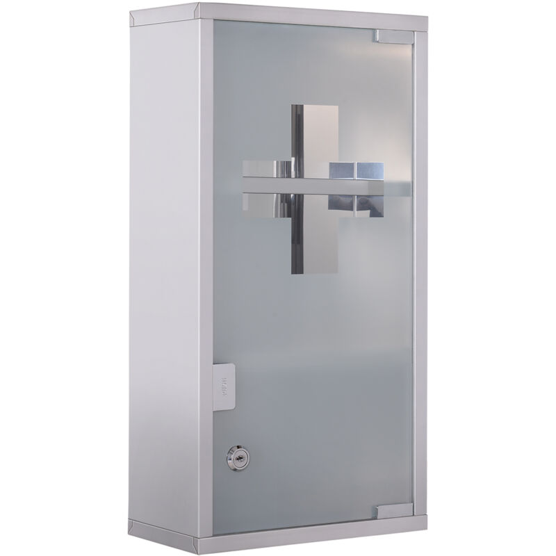 foto del prodotto easycomfort armadietto porta medicinali, pronto soccorso cassetta medicine in acciaio porta in vetro e 2 chiavi 48x25cm