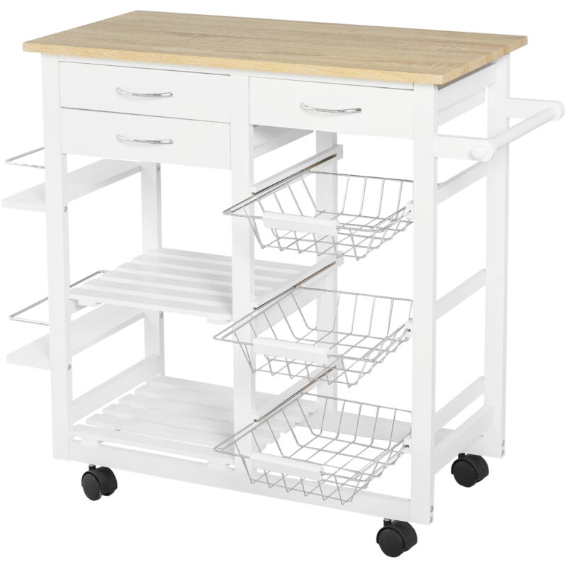 foto del prodotto easycomfort carrello da cucina con ruote, mobile da cucina salvaspazio in legno massiccio 3 cassetti, 3 cestelli, 2 portaspezie, 2 ripiani, 92x37x82