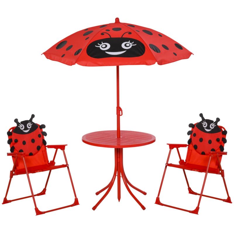 foto del prodotto easycomfort set tavolo da giardino con 2 sedie pieghevoli e ombrellone per bambini in metallo e poliestere, rosso